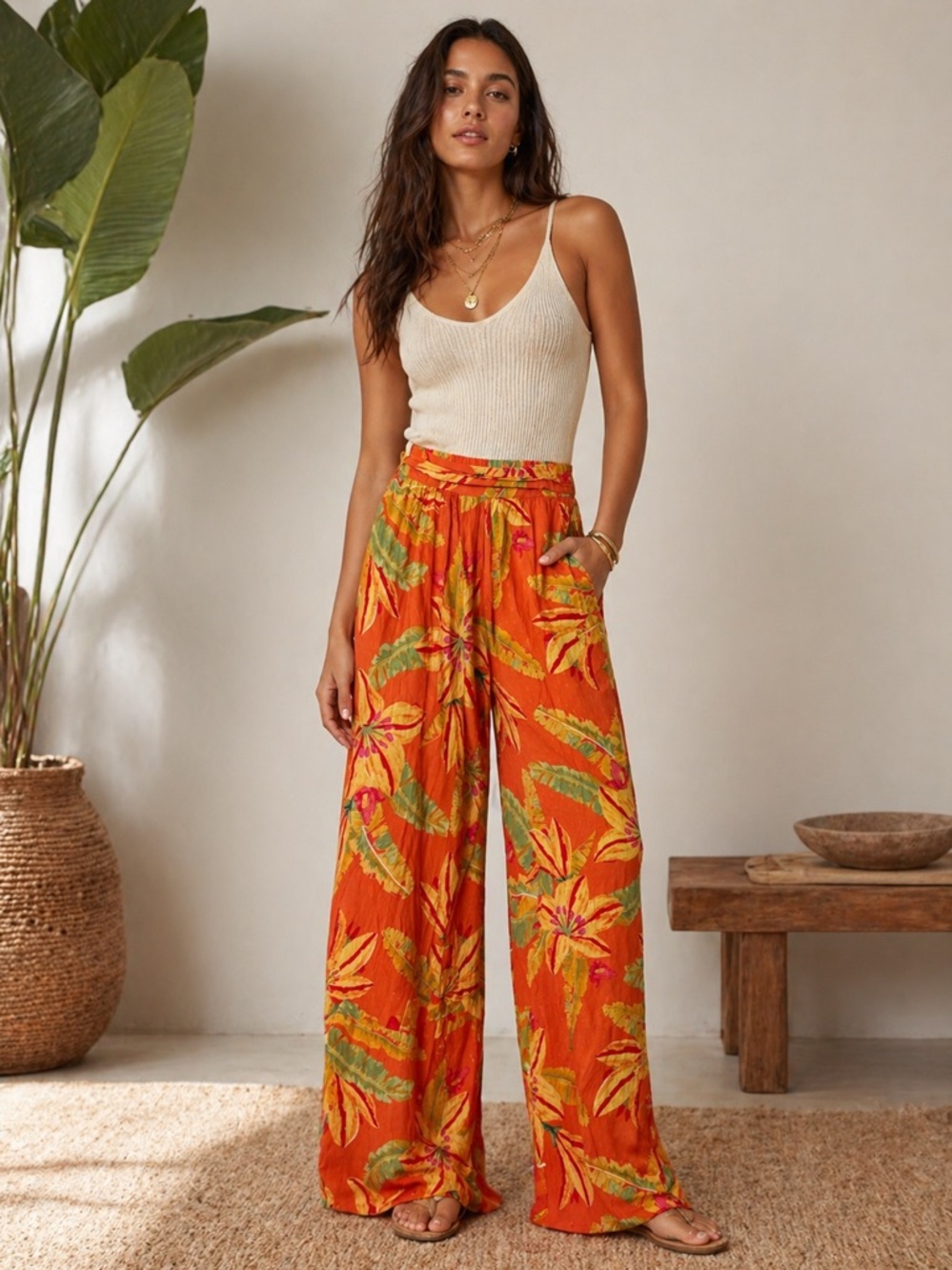 NEW Haute Hippie Easy Breezy Lightweight Bright Orange FloralTropical Pants Sz M
